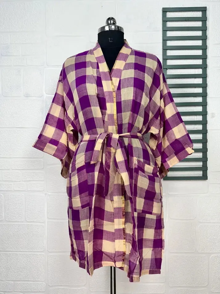 Recycled Pure Cotton Vintage Kimono Open Jacket Boho Summer TieDye House Robe, Beach Coverup | Beige Purple Check Style Print