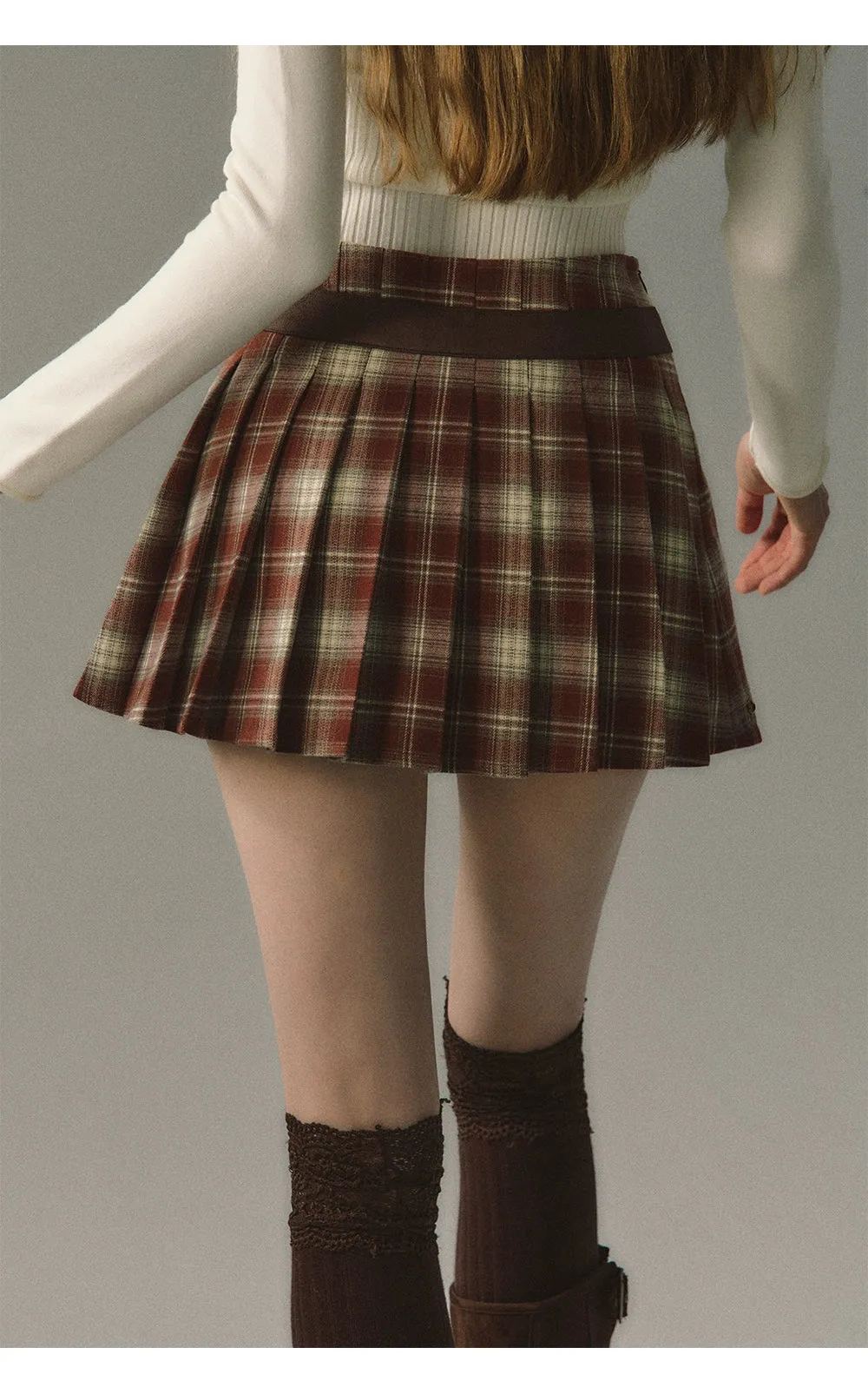 Red & Coffee Plaid Pleated Mini Skirt