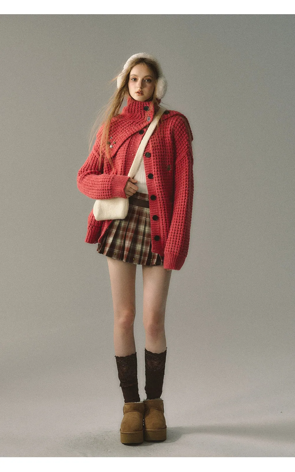 Red & Coffee Plaid Pleated Mini Skirt