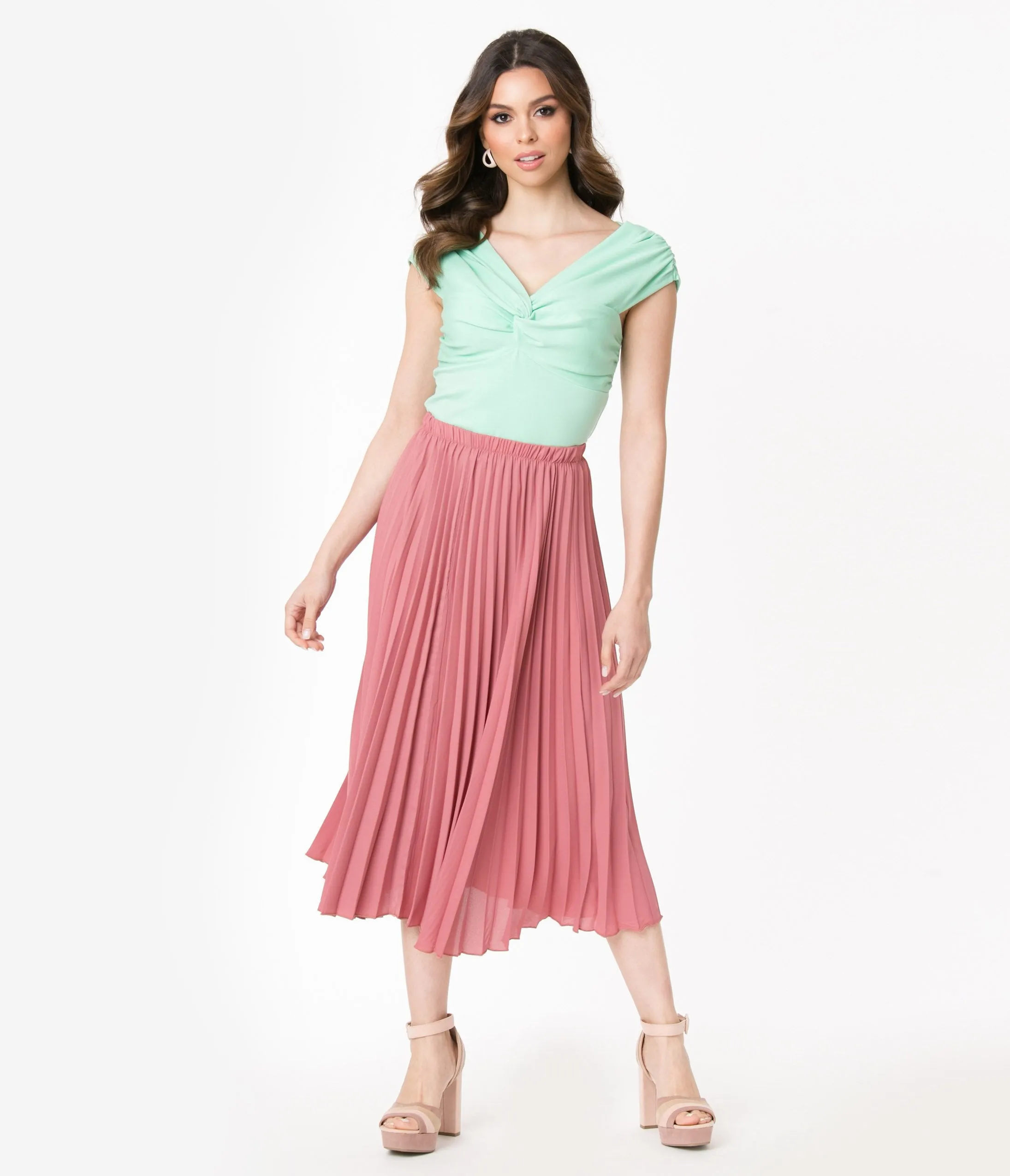 Retro Style Mauve Pleated Midi Skirt