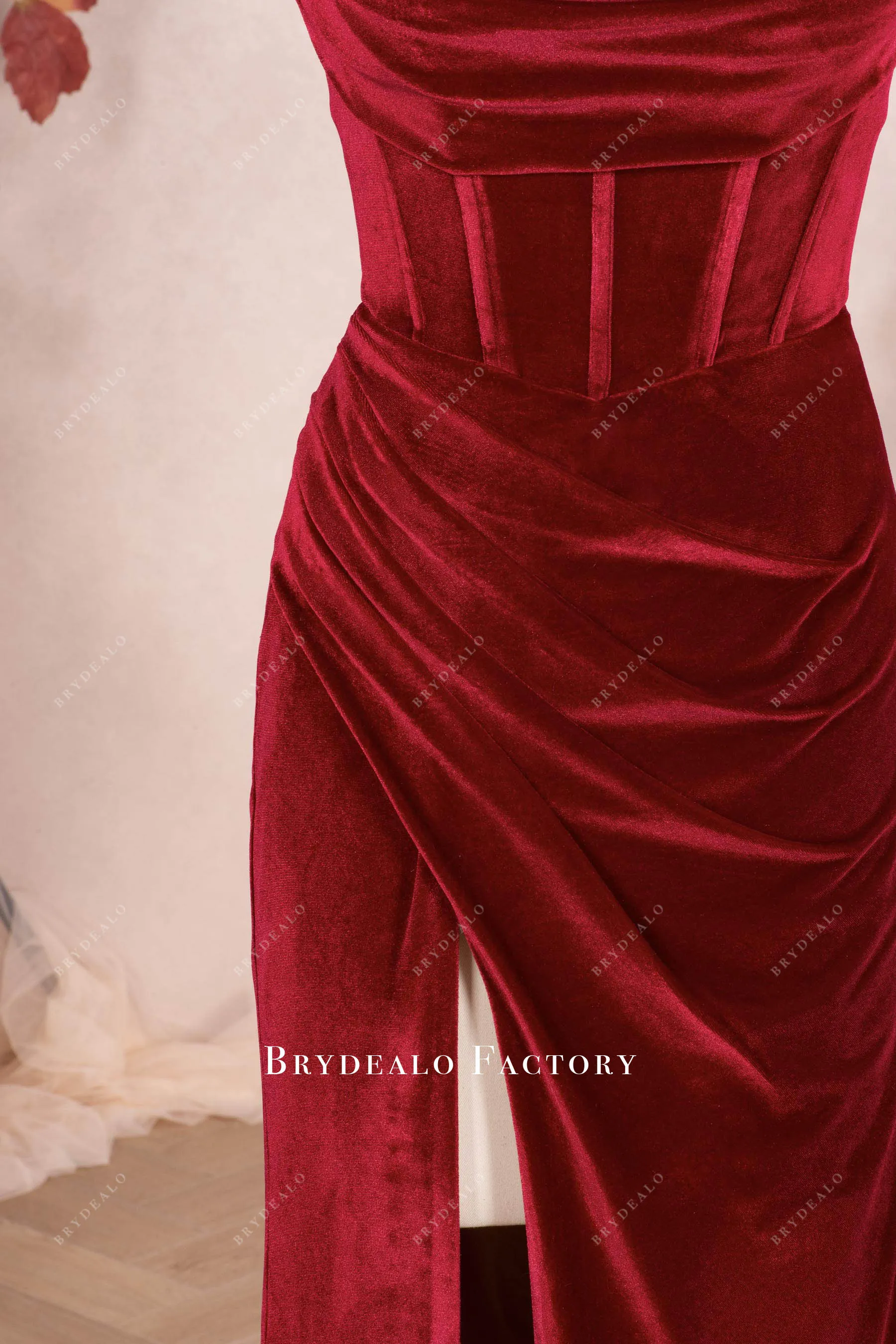 Ruby Velvet Pleated Corset High Slit Prom Formal Dress