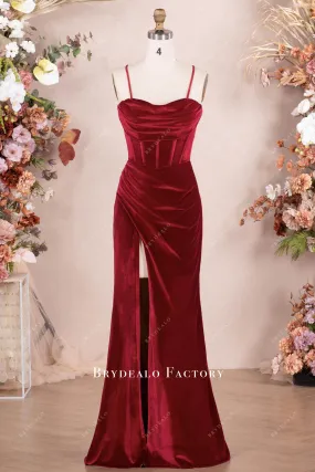 Ruby Velvet Pleated Corset High Slit Prom Formal Dress