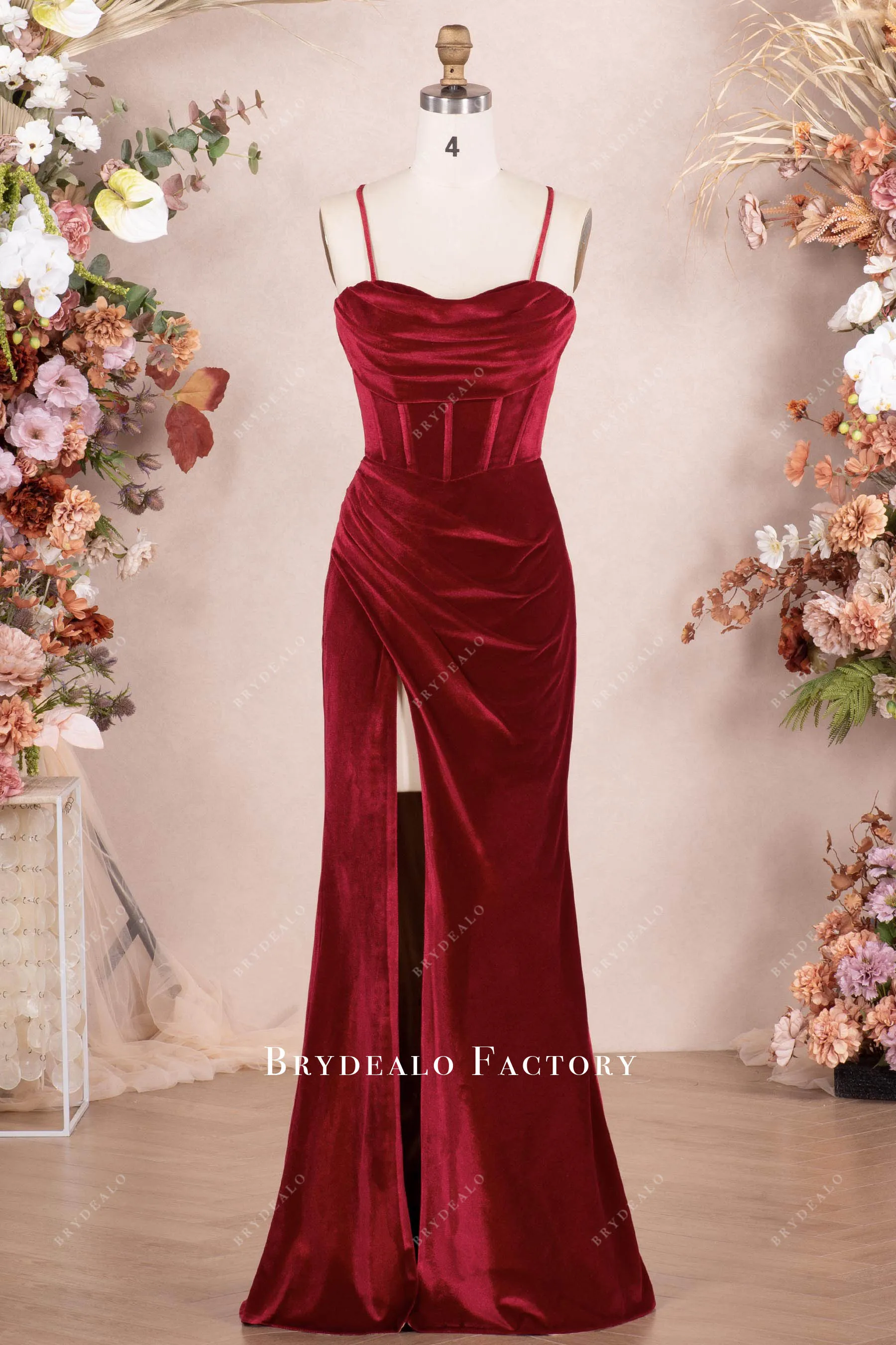 Ruby Velvet Pleated Corset High Slit Prom Formal Dress