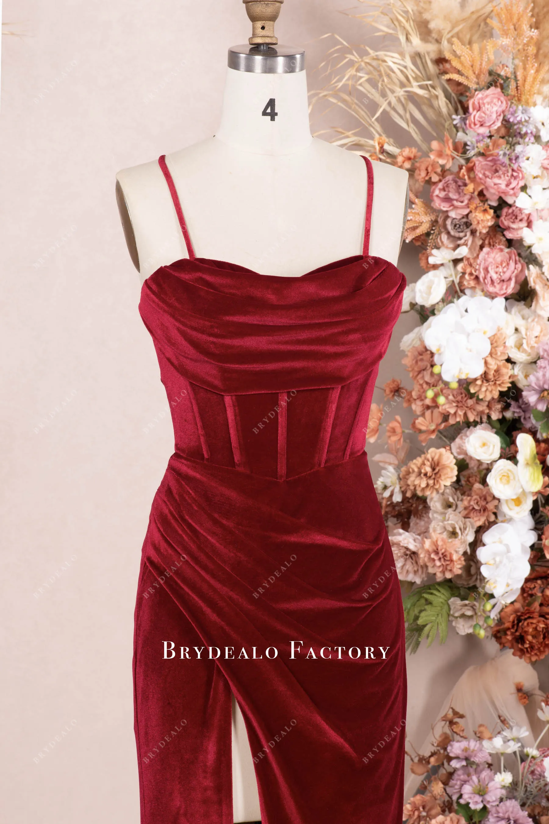 Ruby Velvet Pleated Corset High Slit Prom Formal Dress