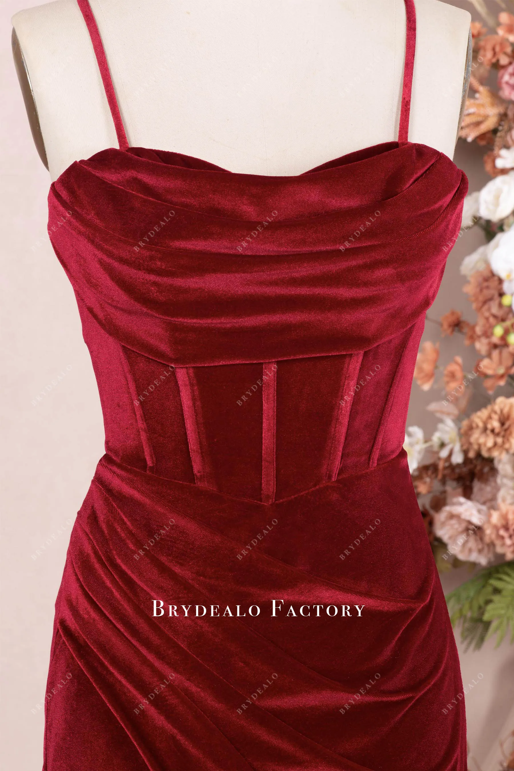 Ruby Velvet Pleated Corset High Slit Prom Formal Dress