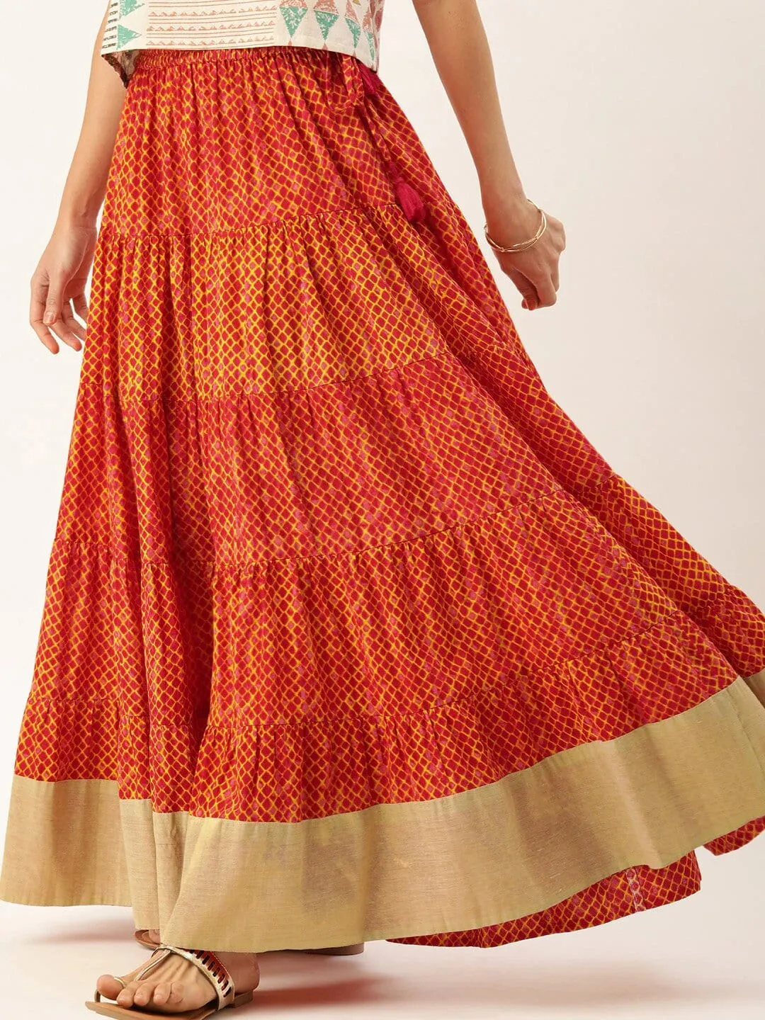 Rust Orange & Mustard Yellow Dyed Tiered Flared Maxi Pure Cotton Skirt