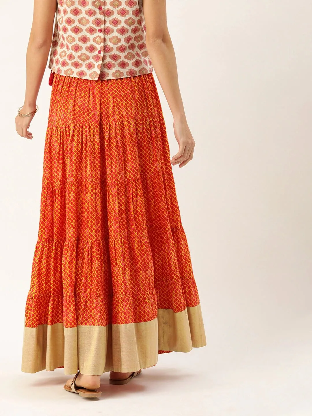 Rust Orange & Mustard Yellow Dyed Tiered Flared Maxi Pure Cotton Skirt