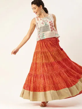 Rust Orange & Mustard Yellow Dyed Tiered Flared Maxi Pure Cotton Skirt