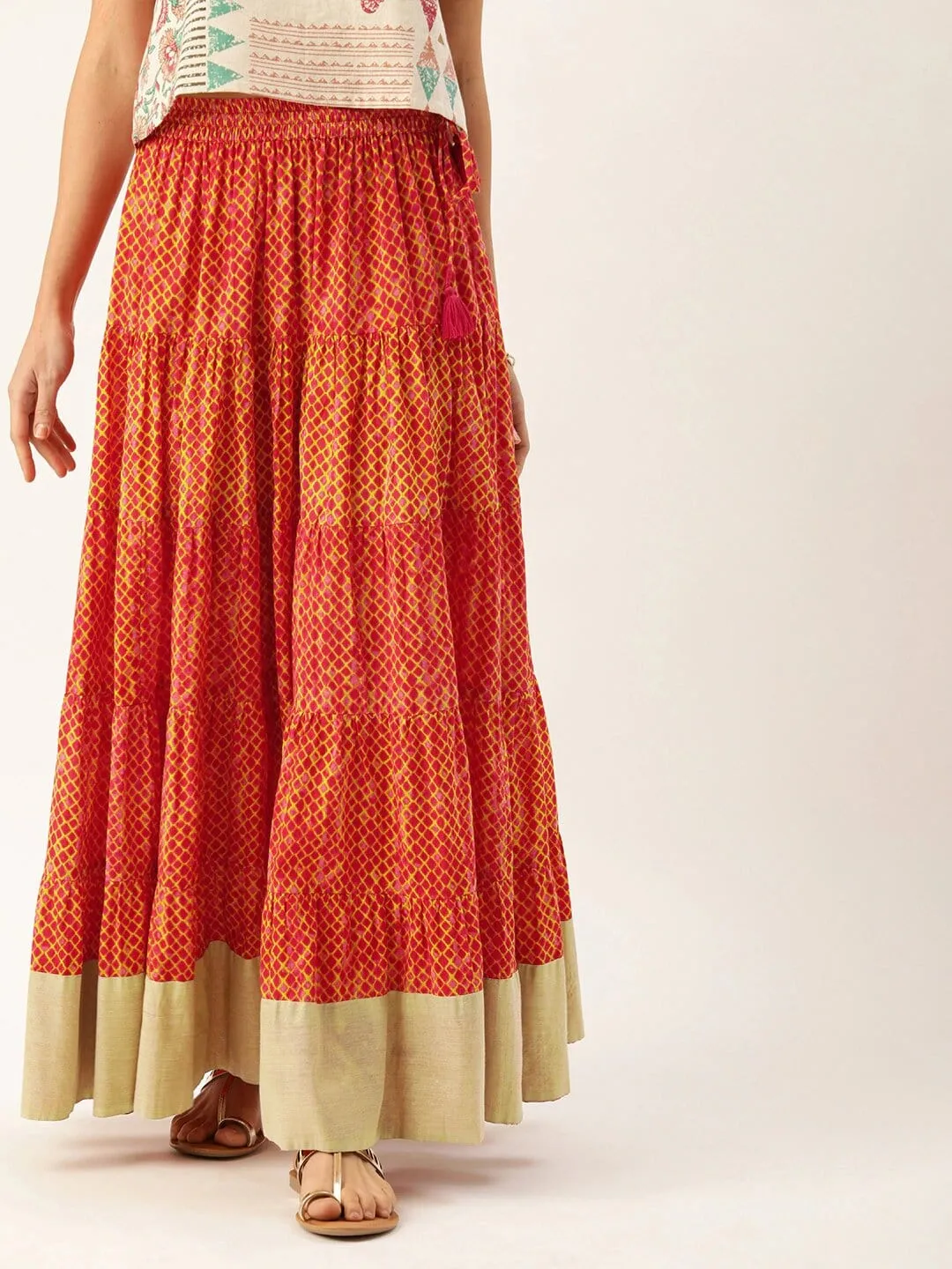 Rust Orange & Mustard Yellow Dyed Tiered Flared Maxi Pure Cotton Skirt