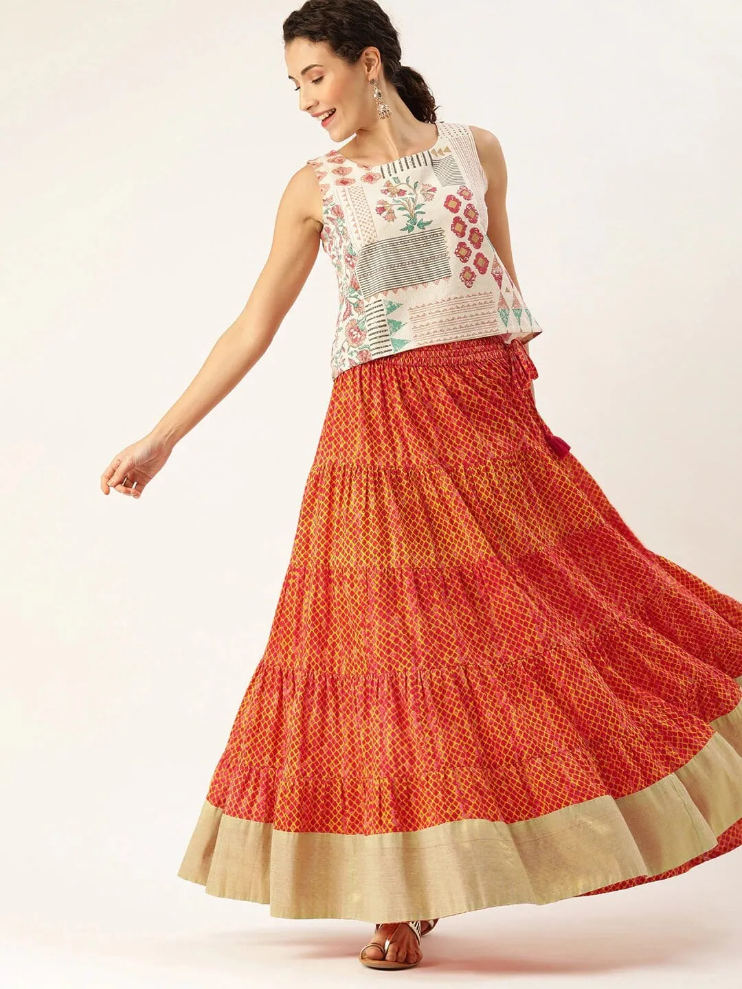 Rust Orange & Mustard Yellow Dyed Tiered Flared Maxi Pure Cotton Skirt