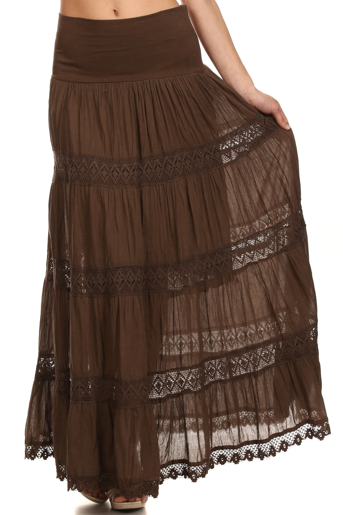 Sakkas Cassie Crochet Lace Trim Long Skirt With Fold-Over High Waistband