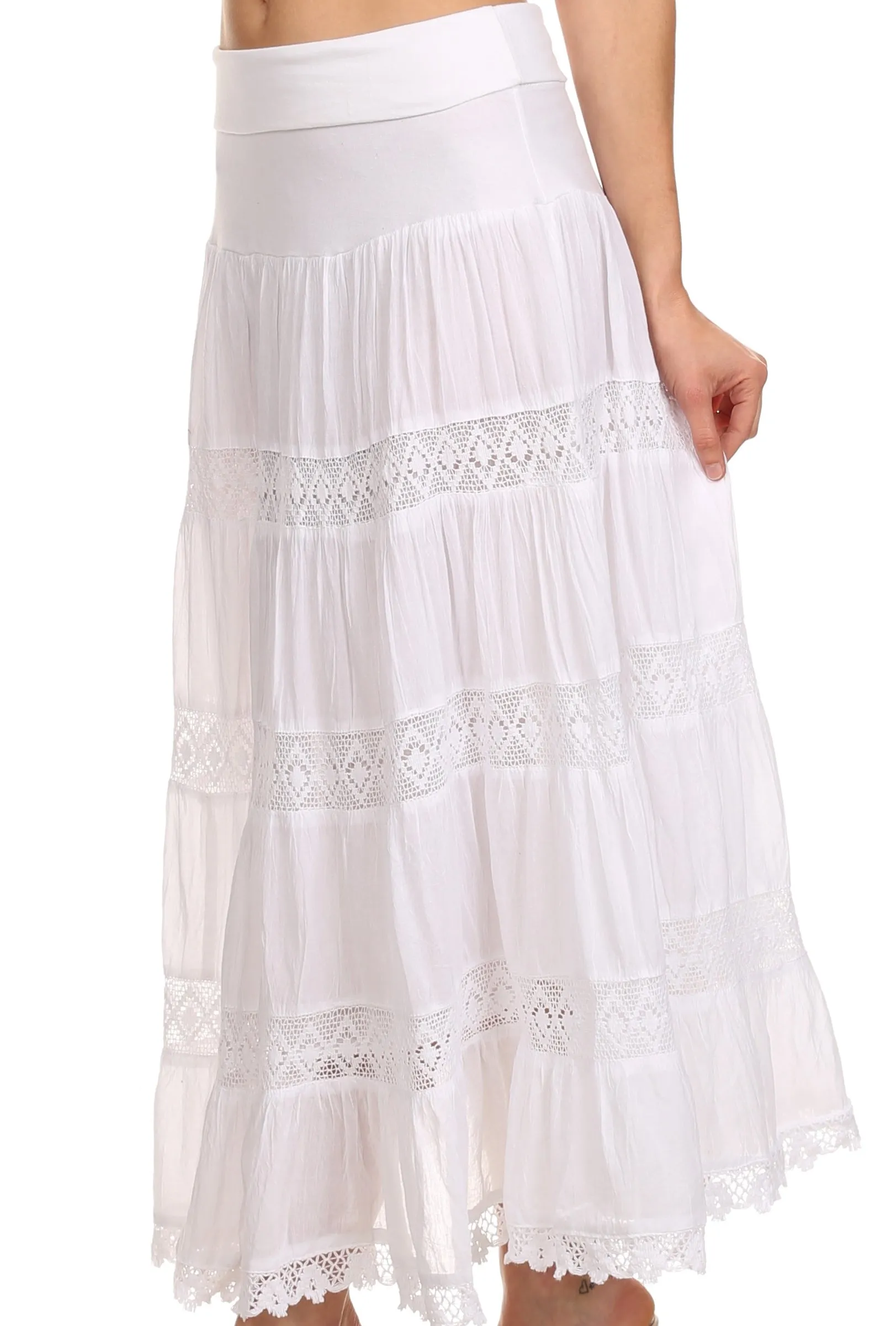 Sakkas Cassie Crochet Lace Trim Long Skirt With Fold-Over High Waistband