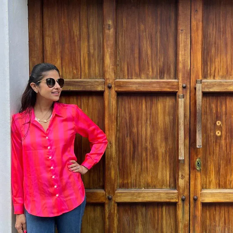 Satin Pink & Orange Stripes Printed Button Down Shirt