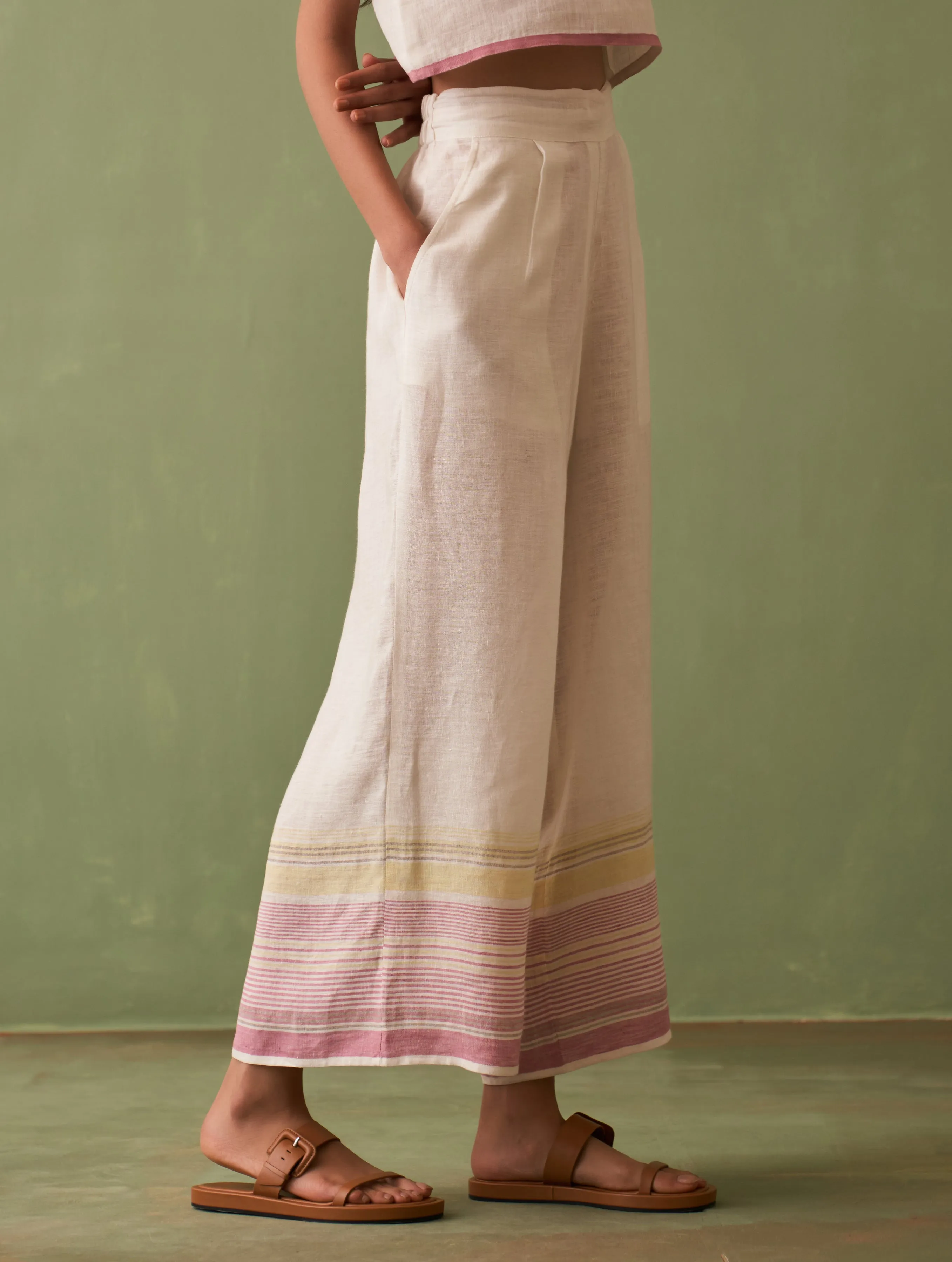 Shaza Border Linen Kurta Set - Ivory