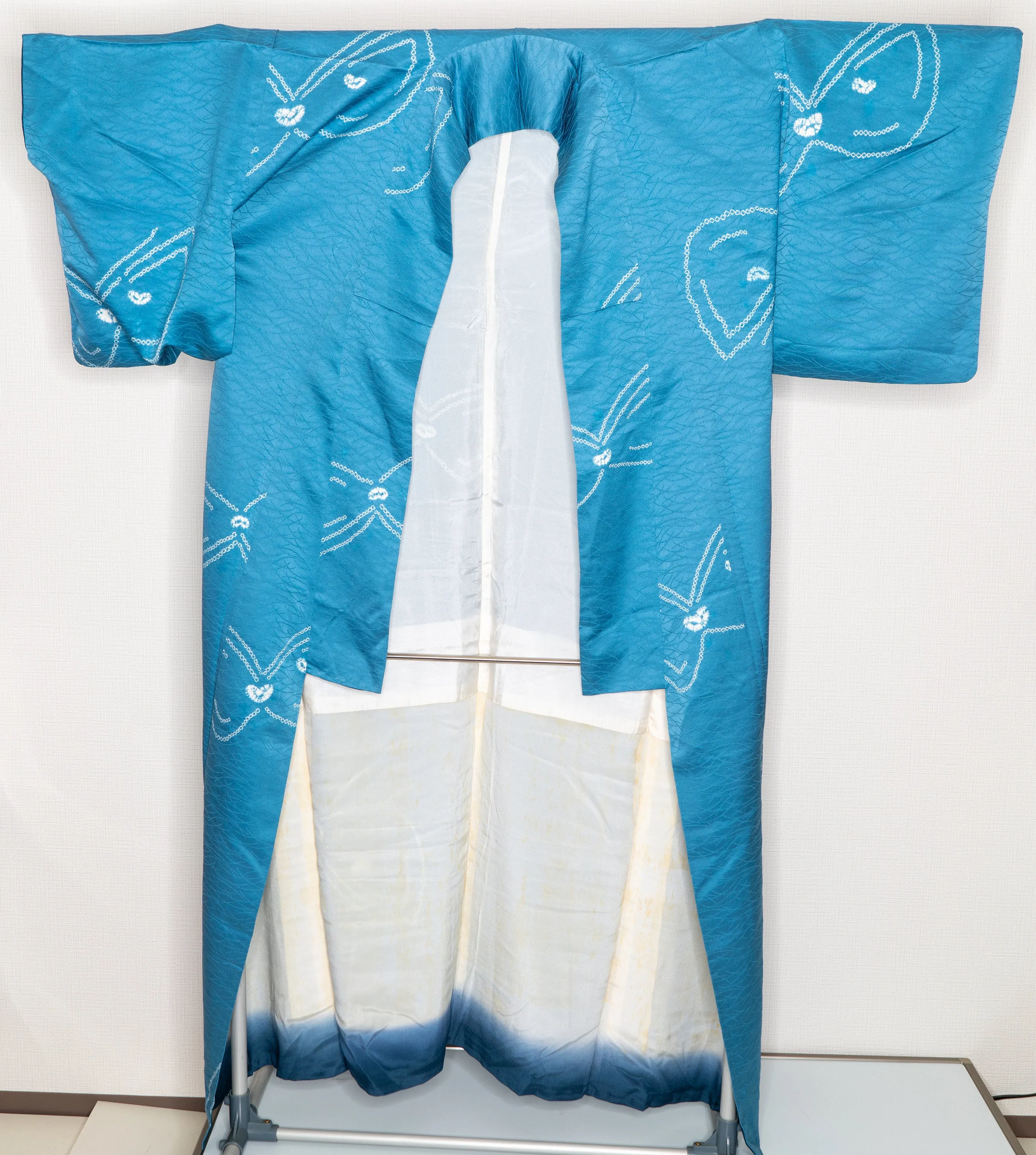 Shiny Shibori Butterfly Kimono - Blue Silk Animal - Traditional Tie Dye Butterflies Patterns