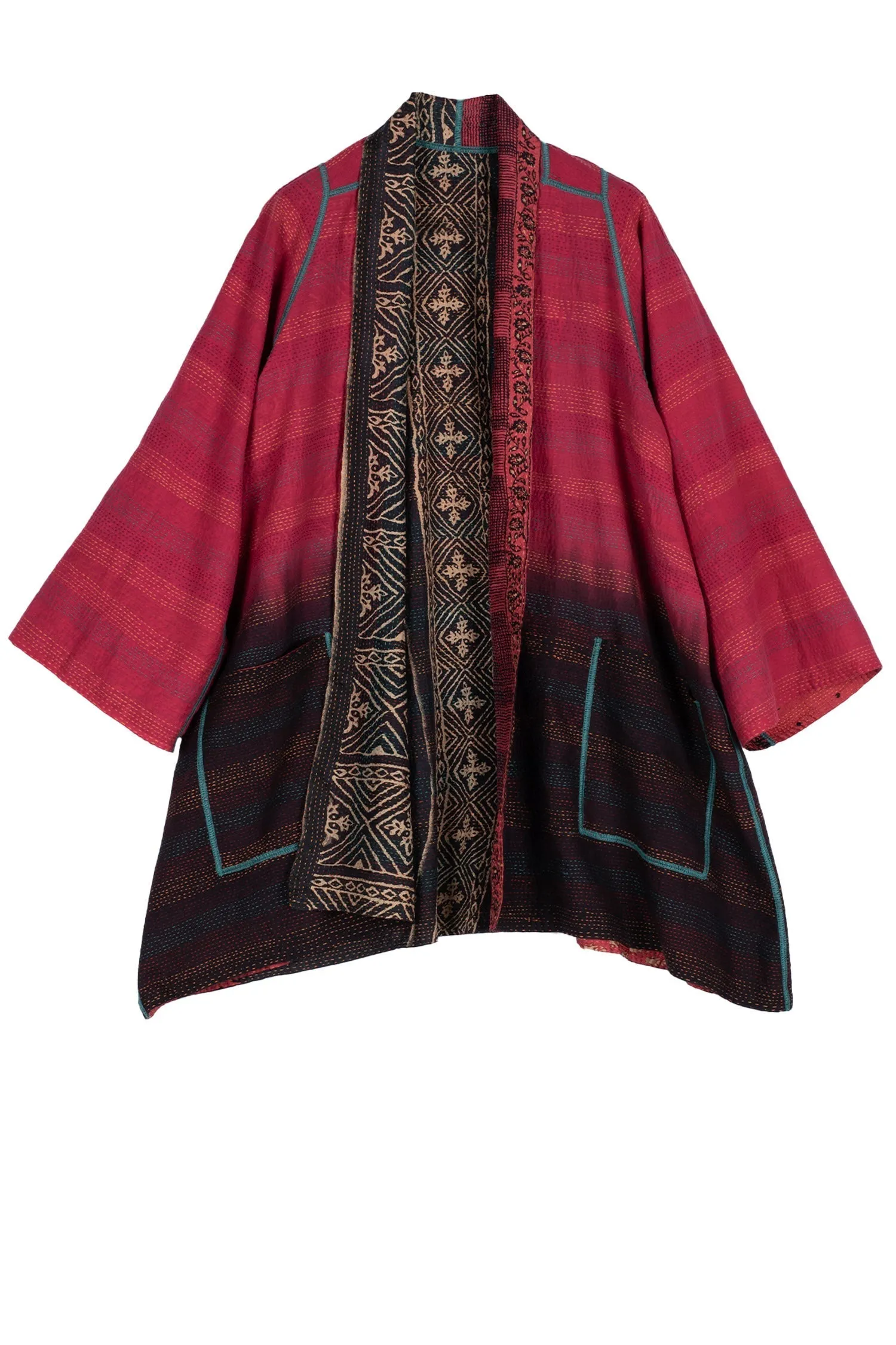 SILK COTTON OMBRE PRINT KANTHA A-LINE JKT - os2003-red -