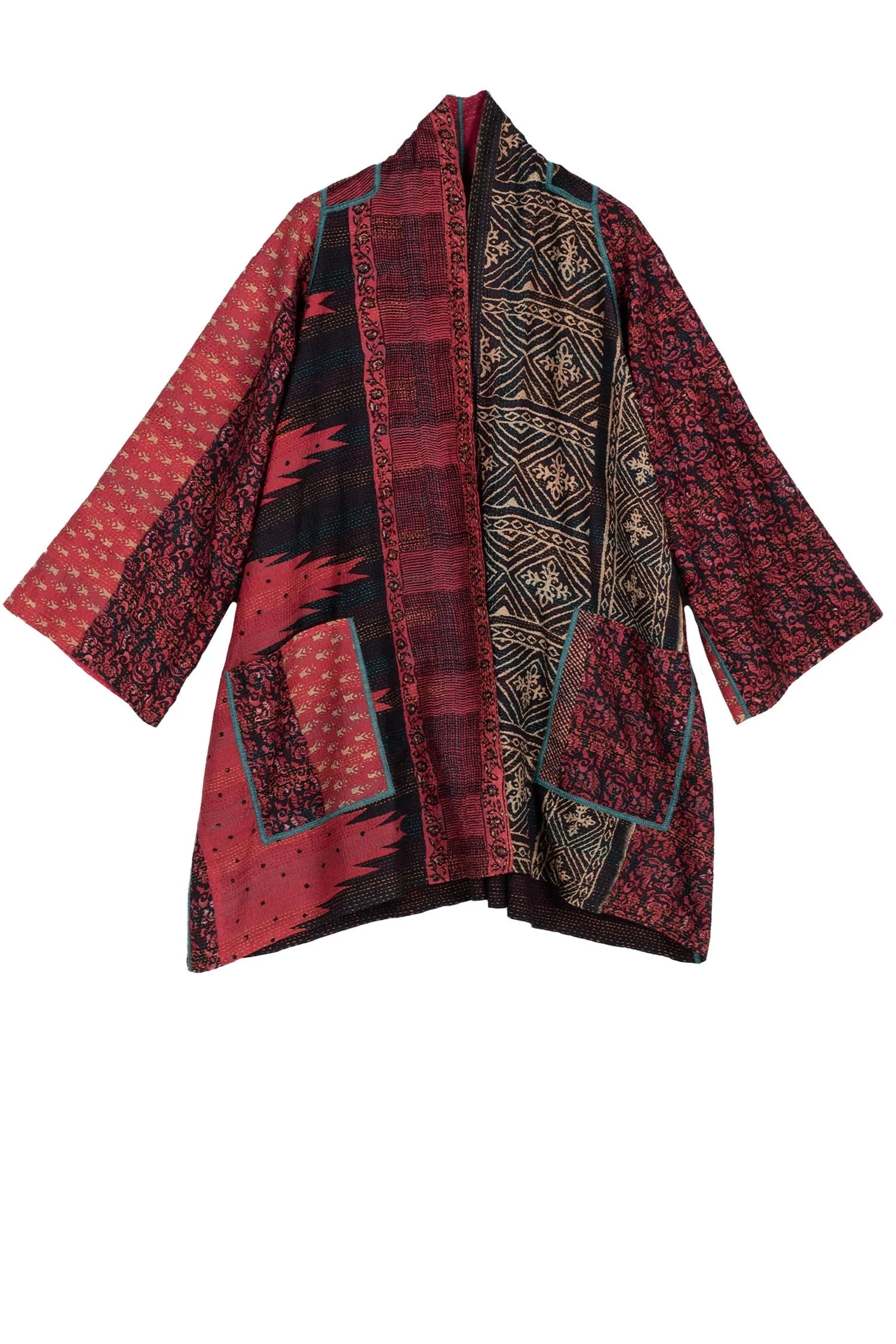 SILK COTTON OMBRE PRINT KANTHA A-LINE JKT - os2003-red -