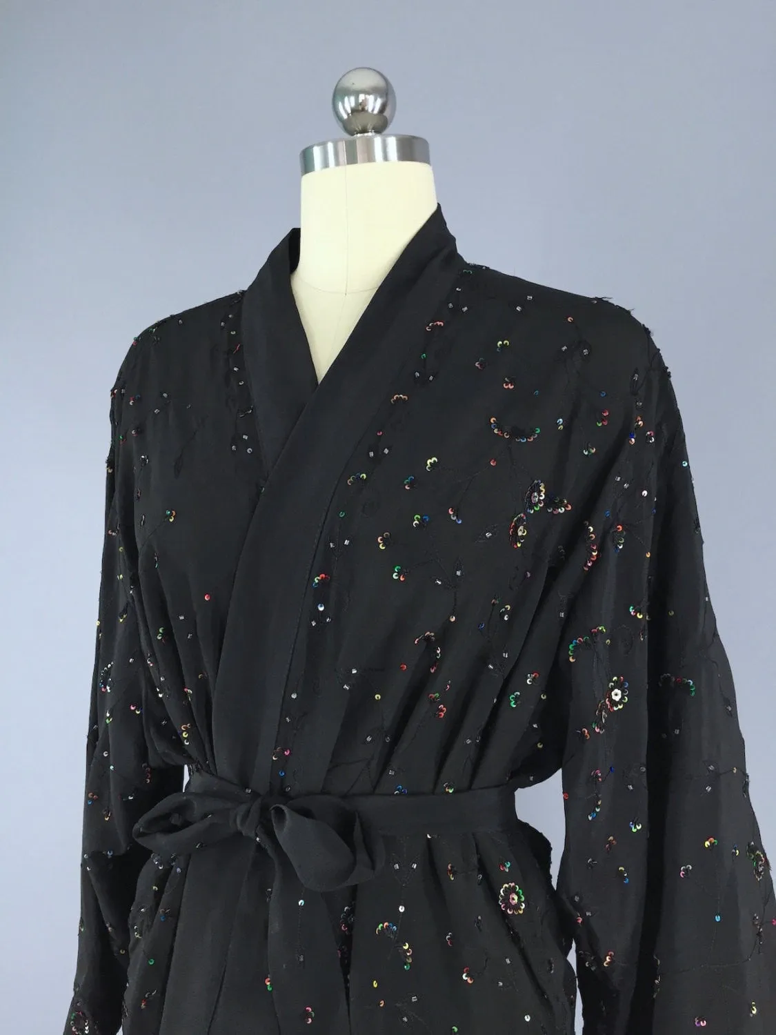 Silk Kimono Cardigan / Vintage Indian Sari / Black Beaded