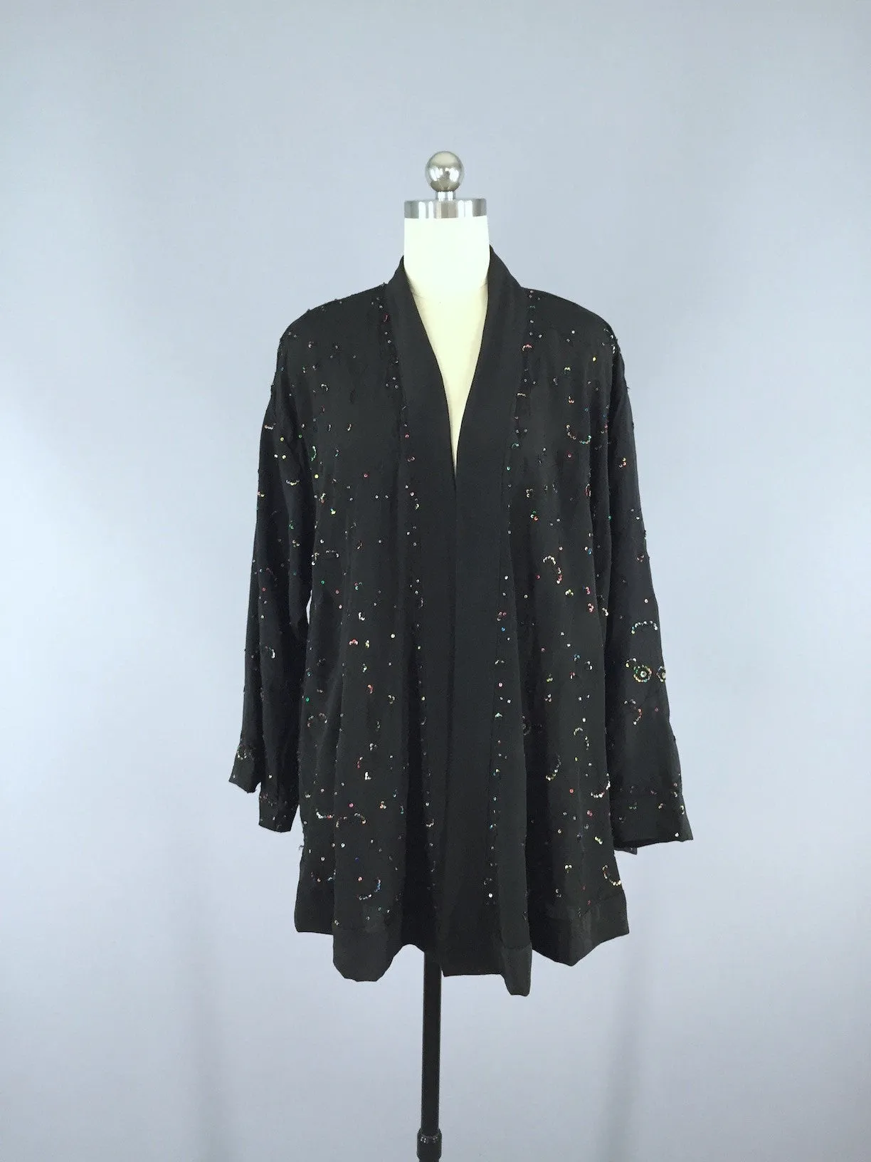 Silk Kimono Cardigan / Vintage Indian Sari / Black Beaded