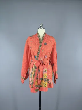 Silk Kimono Cardigan / Vintage Indian Sari / Bohemian Coral Yellow Floral