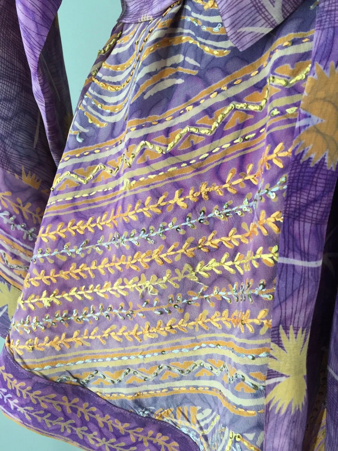 Silk Kimono Cardigan / Vintage Indian Sari / Purple Orange Floral Print