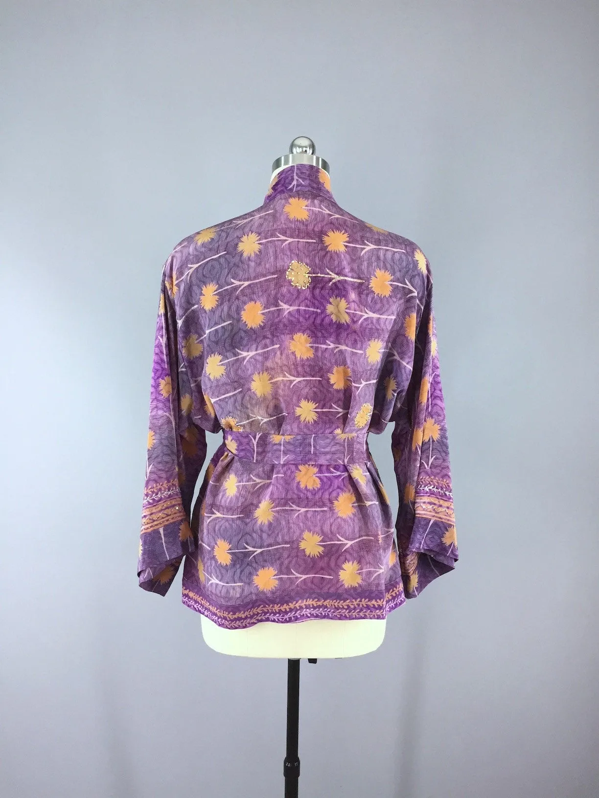 Silk Kimono Cardigan / Vintage Indian Sari / Purple Orange Floral Print