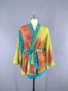 Silk Kimono Cardigan / Vintage Indian Sari / Turquoise Brown Embroidered