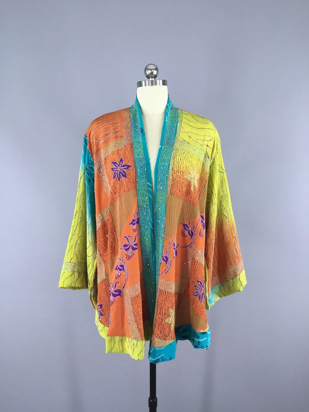 Silk Kimono Cardigan / Vintage Indian Sari / Turquoise Brown Embroidered