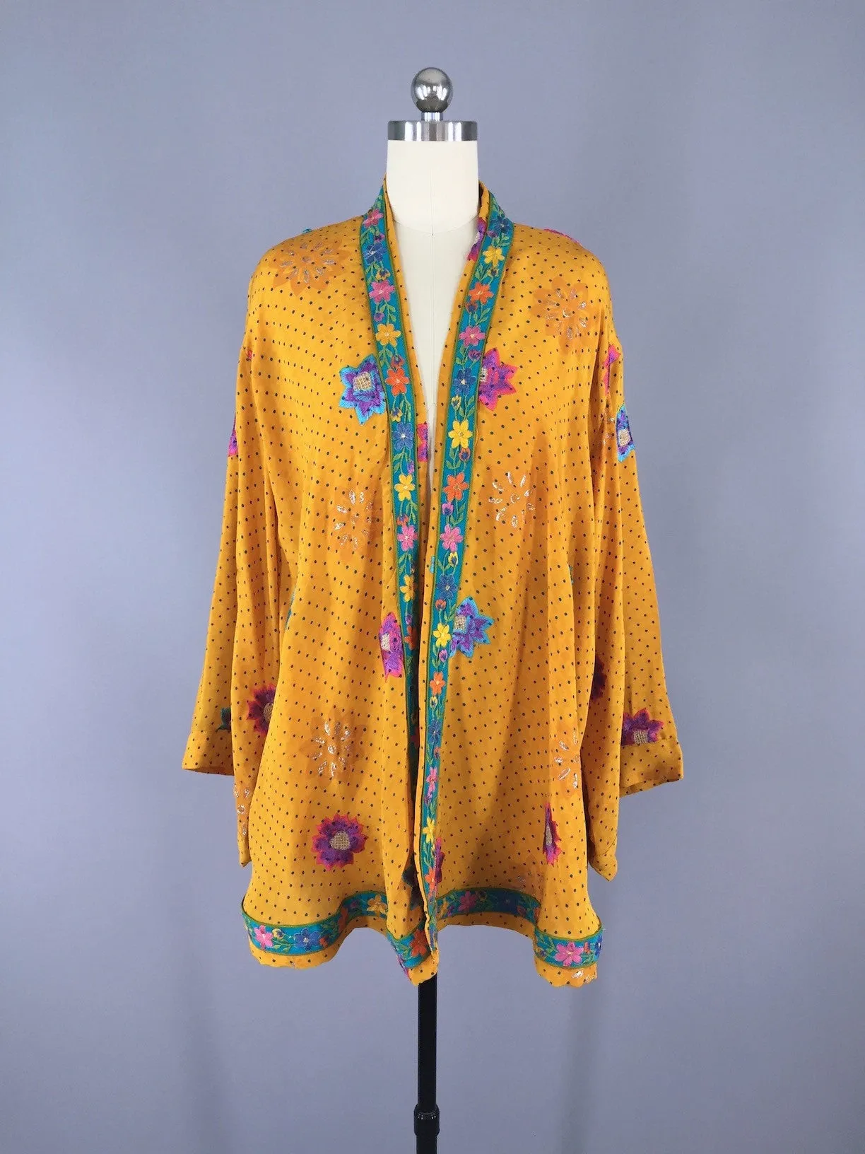 Silk Kimono Cardigan / Vintage Indian Sari / Yellow Floral Embroidery