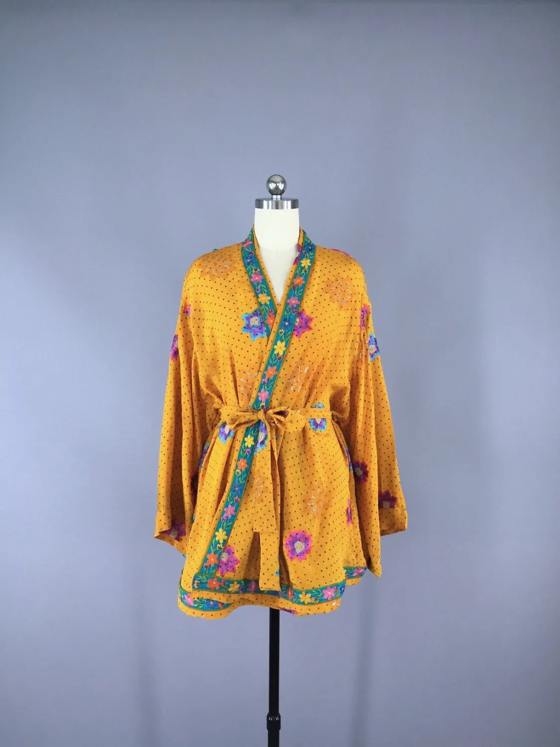 Silk Kimono Cardigan / Vintage Indian Sari / Yellow Floral Embroidery