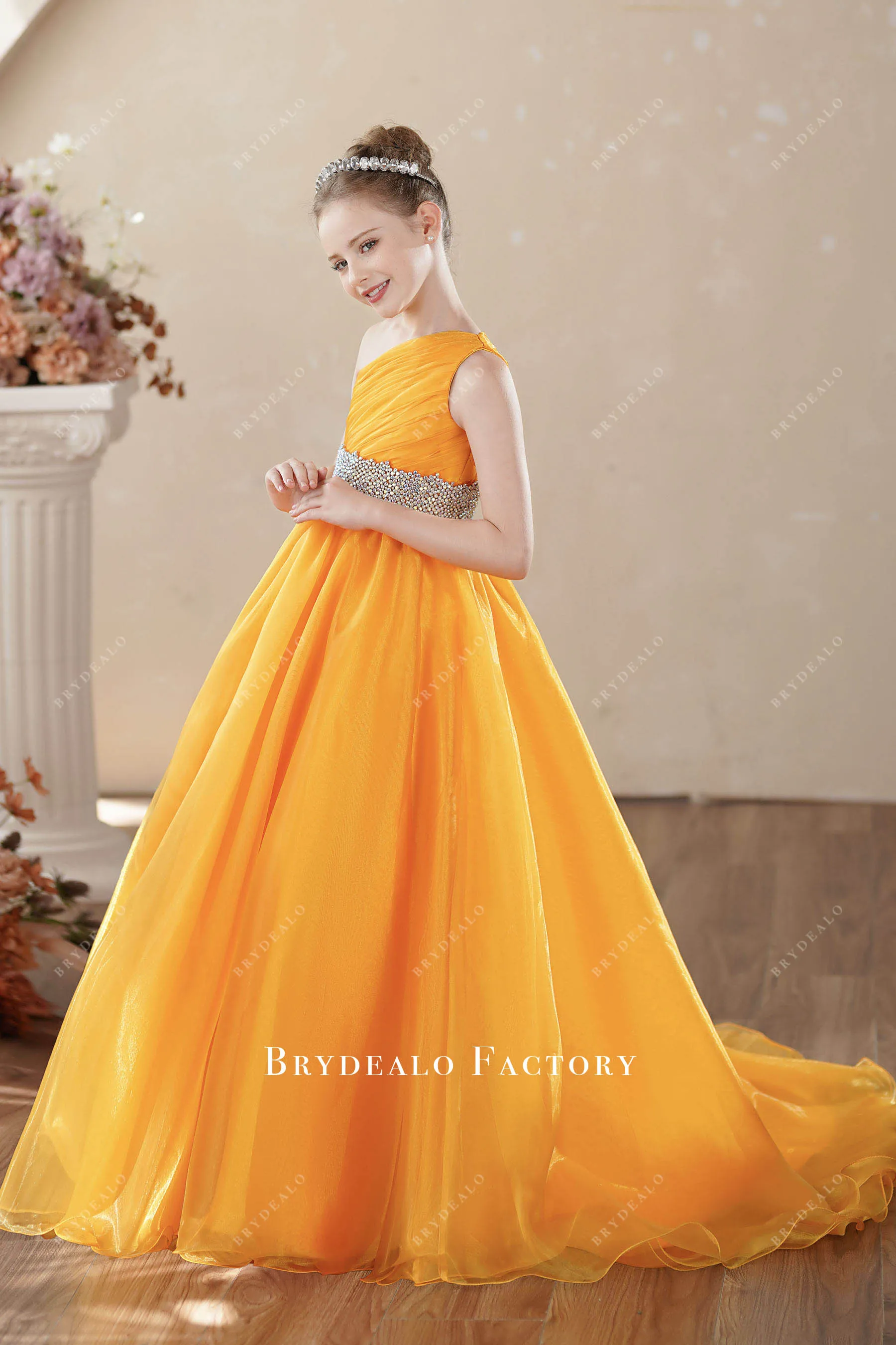 Sleeveless One Shoulder Organza Honey Yellow Young Girl Pageant Dress