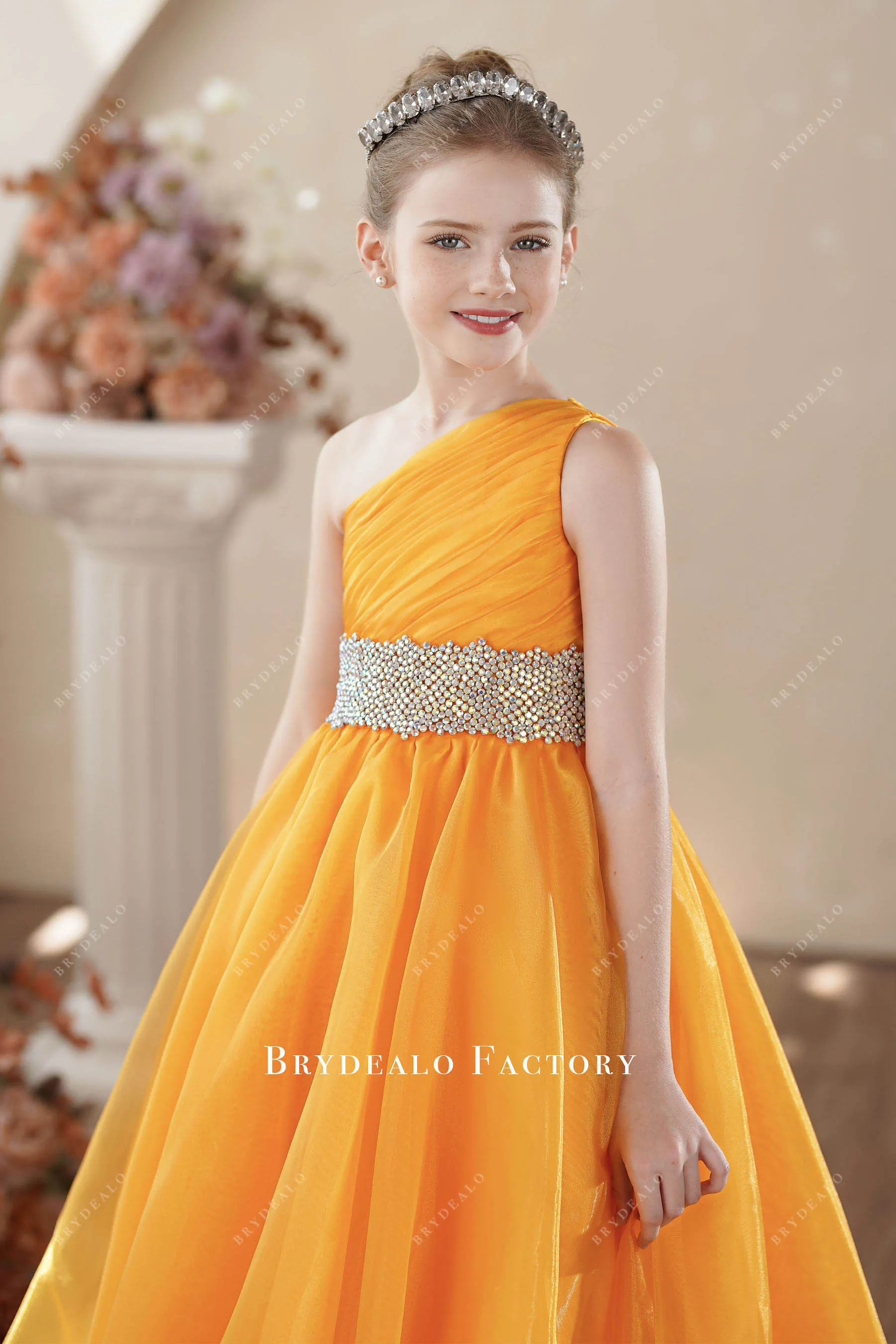 Sleeveless One Shoulder Organza Honey Yellow Young Girl Pageant Dress