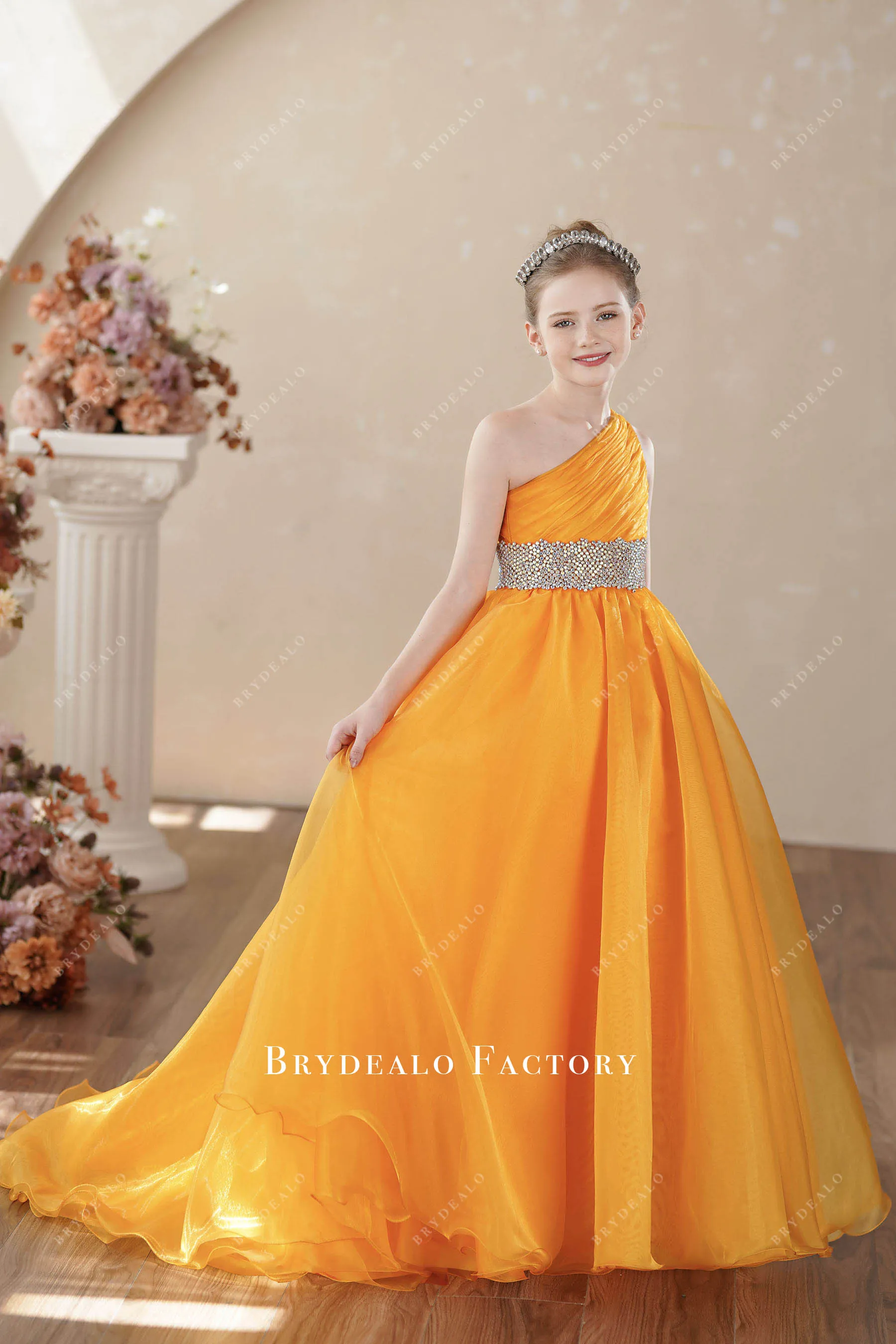 Sleeveless One Shoulder Organza Honey Yellow Young Girl Pageant Dress