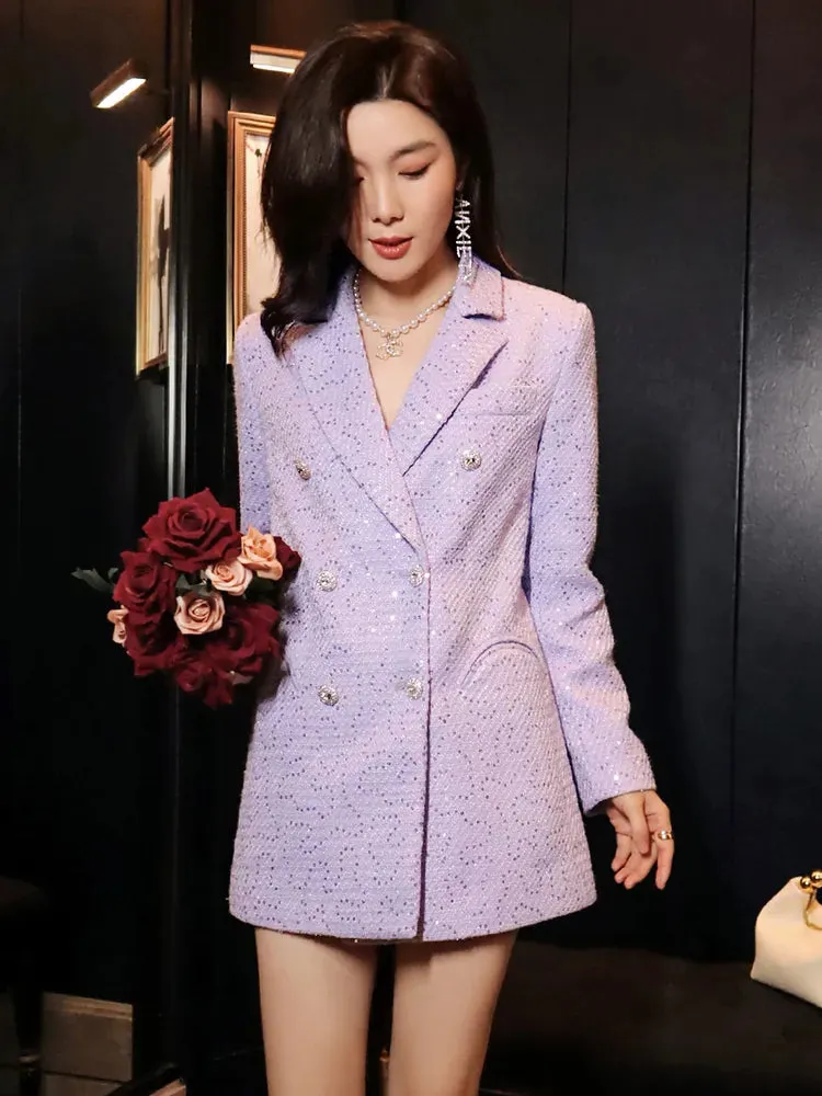 Slim Patchwork Sequins Blazer For Women Notched Collar Long Sleeve Tweed Elegant Blazers Female Autumn Clothing