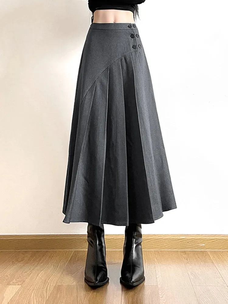 Solid Patchwork Button Casual Minimalist Skirts For Women High Waist Spliced Pleated Elegant Skirt Female Fashion