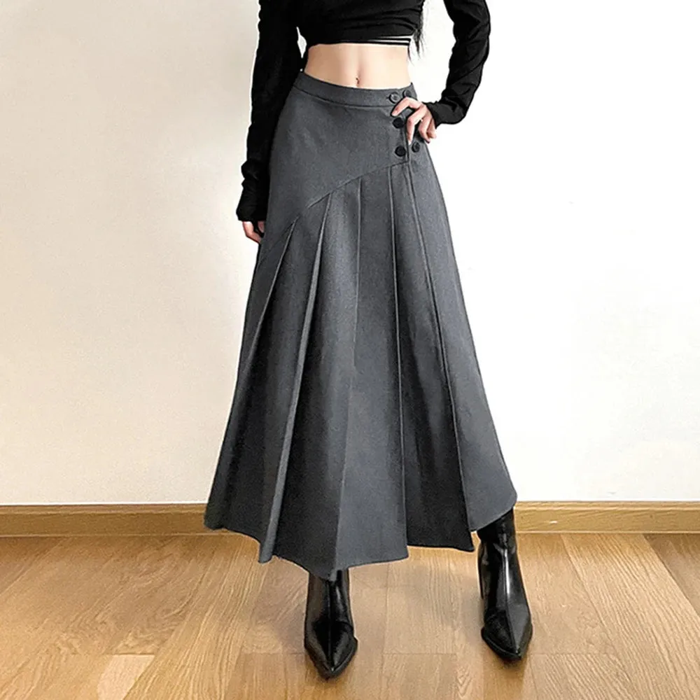 Solid Patchwork Button Casual Minimalist Skirts For Women High Waist Spliced Pleated Elegant Skirt Female Fashion