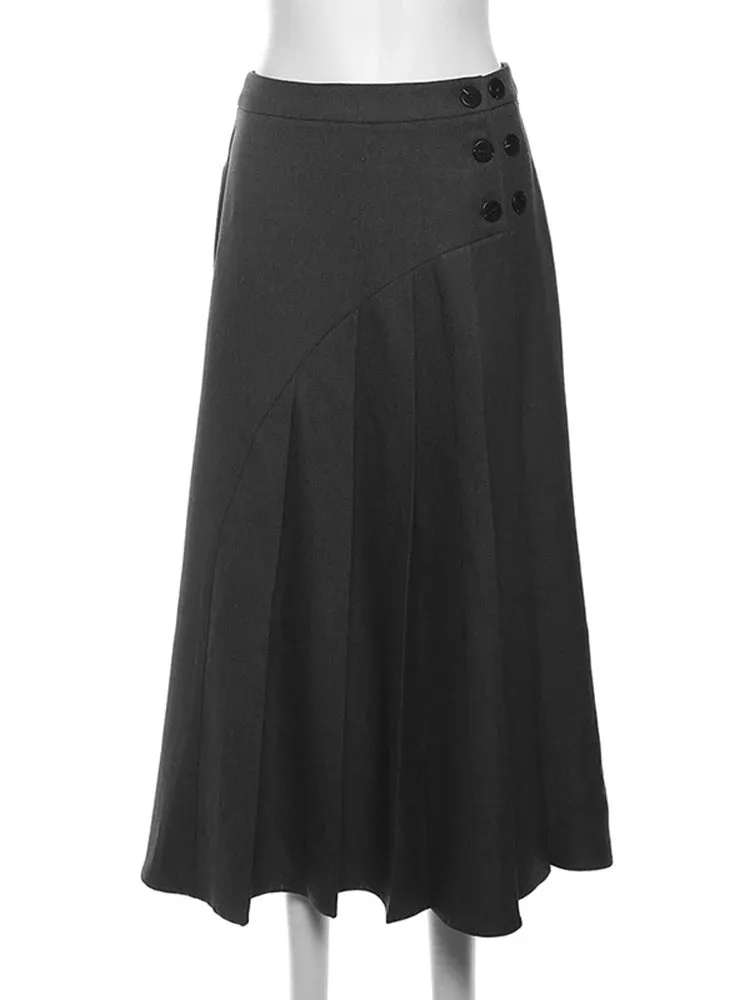 Solid Patchwork Button Casual Minimalist Skirts For Women High Waist Spliced Pleated Elegant Skirt Female Fashion