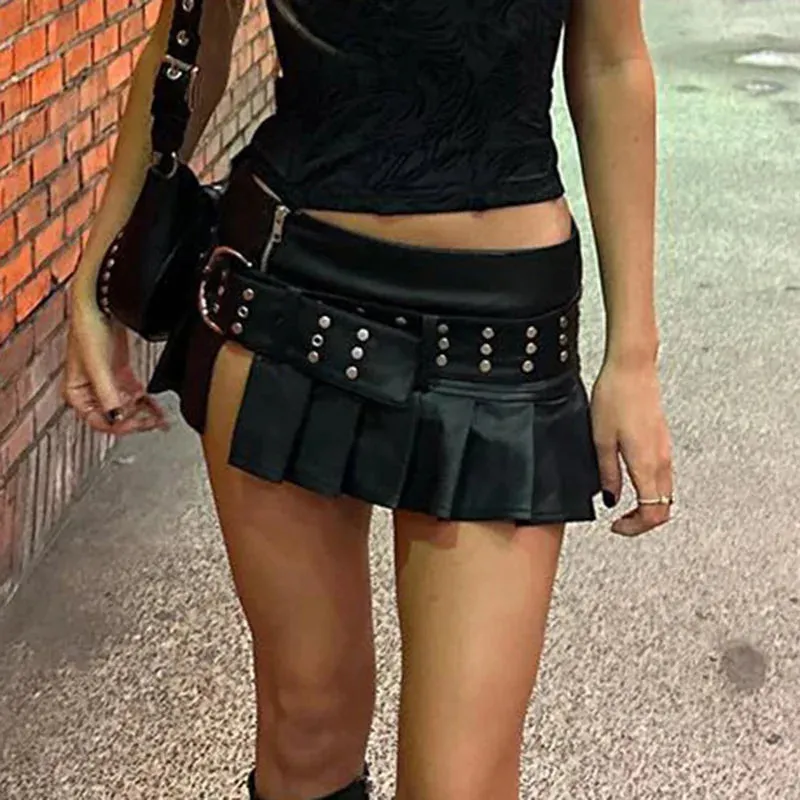 Streeetwear Pink Low Waist Sexy Belted Pleated Skirt Women Zipper Rivet Party Leather Skirt Super Short Slit Gothic