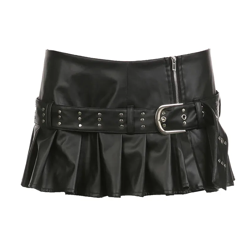 Streeetwear Pink Low Waist Sexy Belted Pleated Skirt Women Zipper Rivet Party Leather Skirt Super Short Slit Gothic