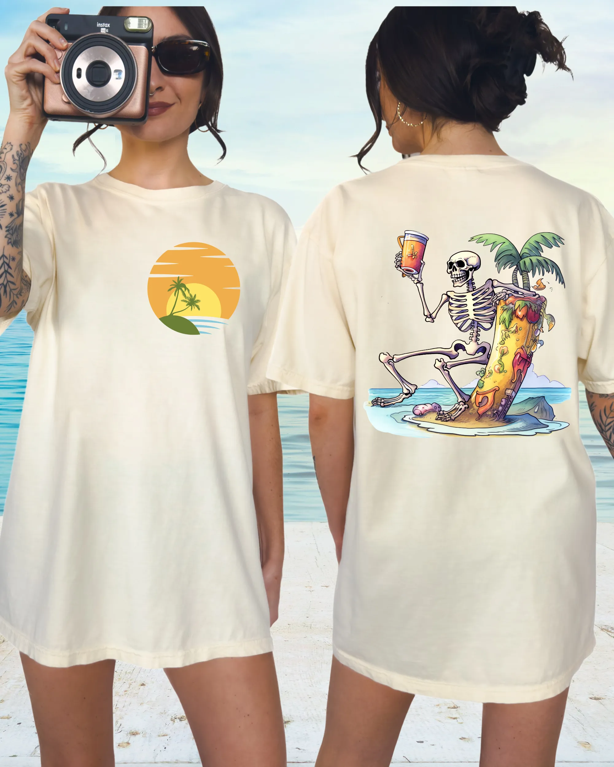 Summer Beach Comfort Colors® T-Shirt, Retro Summer T-Shirt Dress, 1970's Drinking Skeleton, Front, Back Design