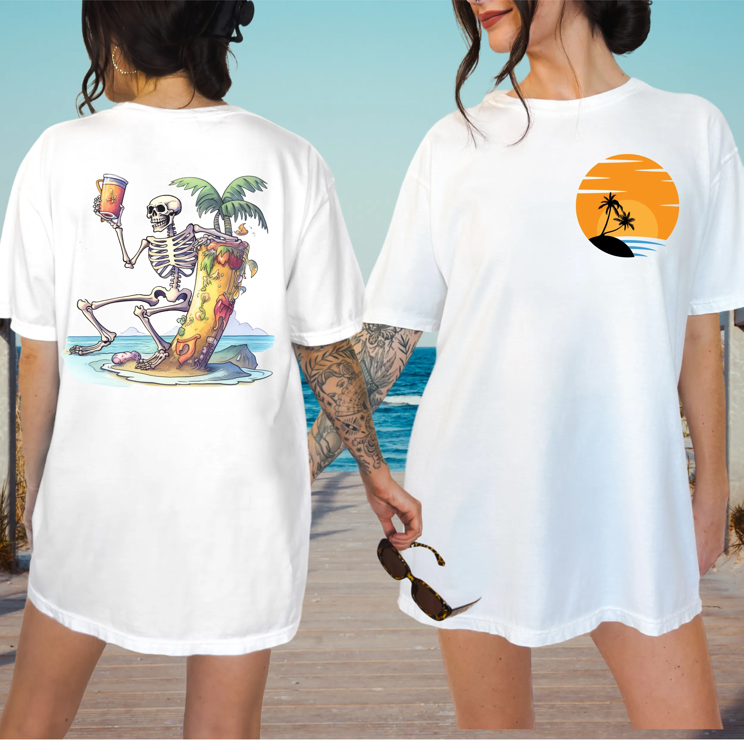 Summer Beach Comfort Colors® T-Shirt, Retro Summer T-Shirt Dress, 1970's Drinking Skeleton, Front, Back Design