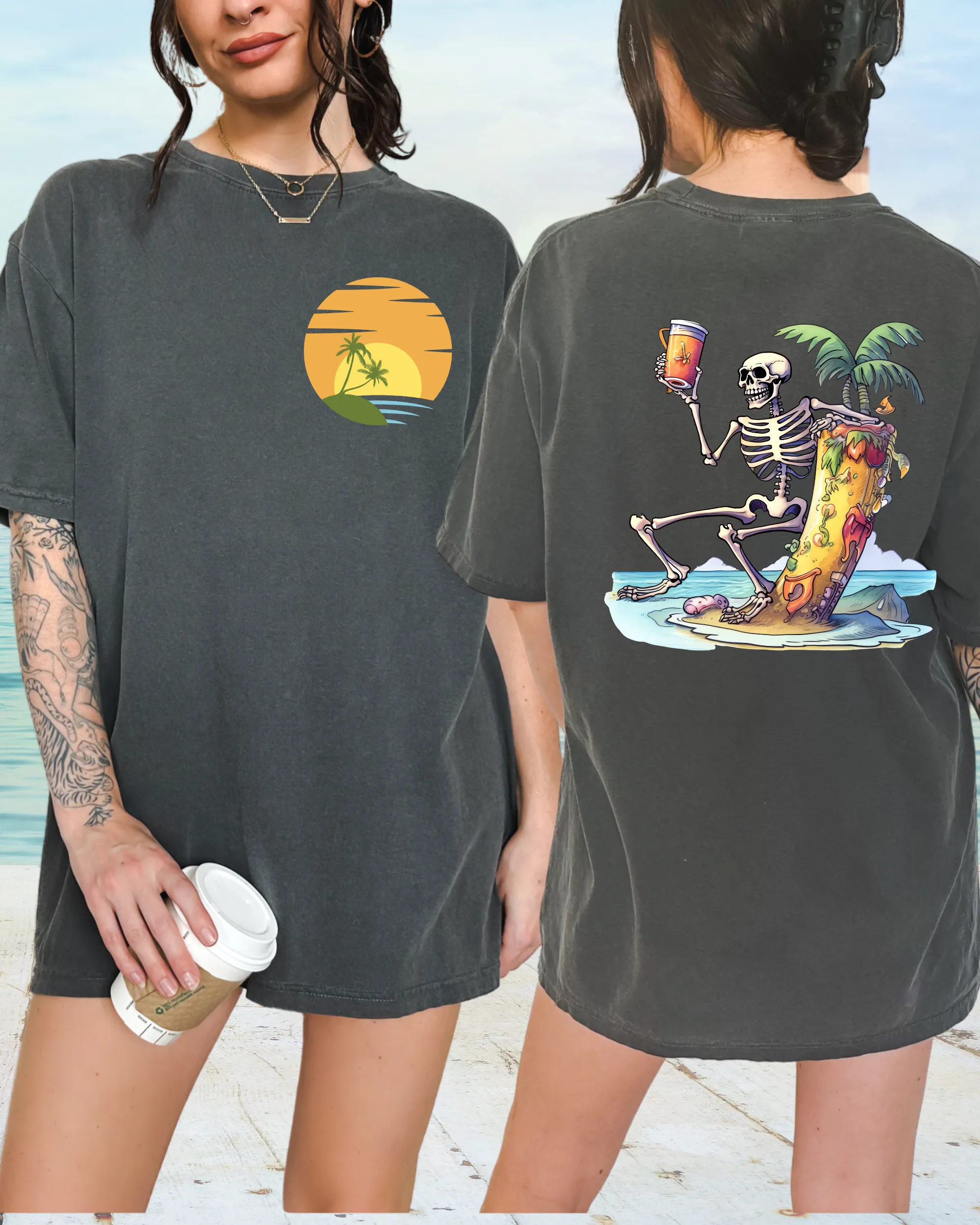 Summer Beach Comfort Colors® T-Shirt, Retro Summer T-Shirt Dress, 1970's Drinking Skeleton, Front, Back Design