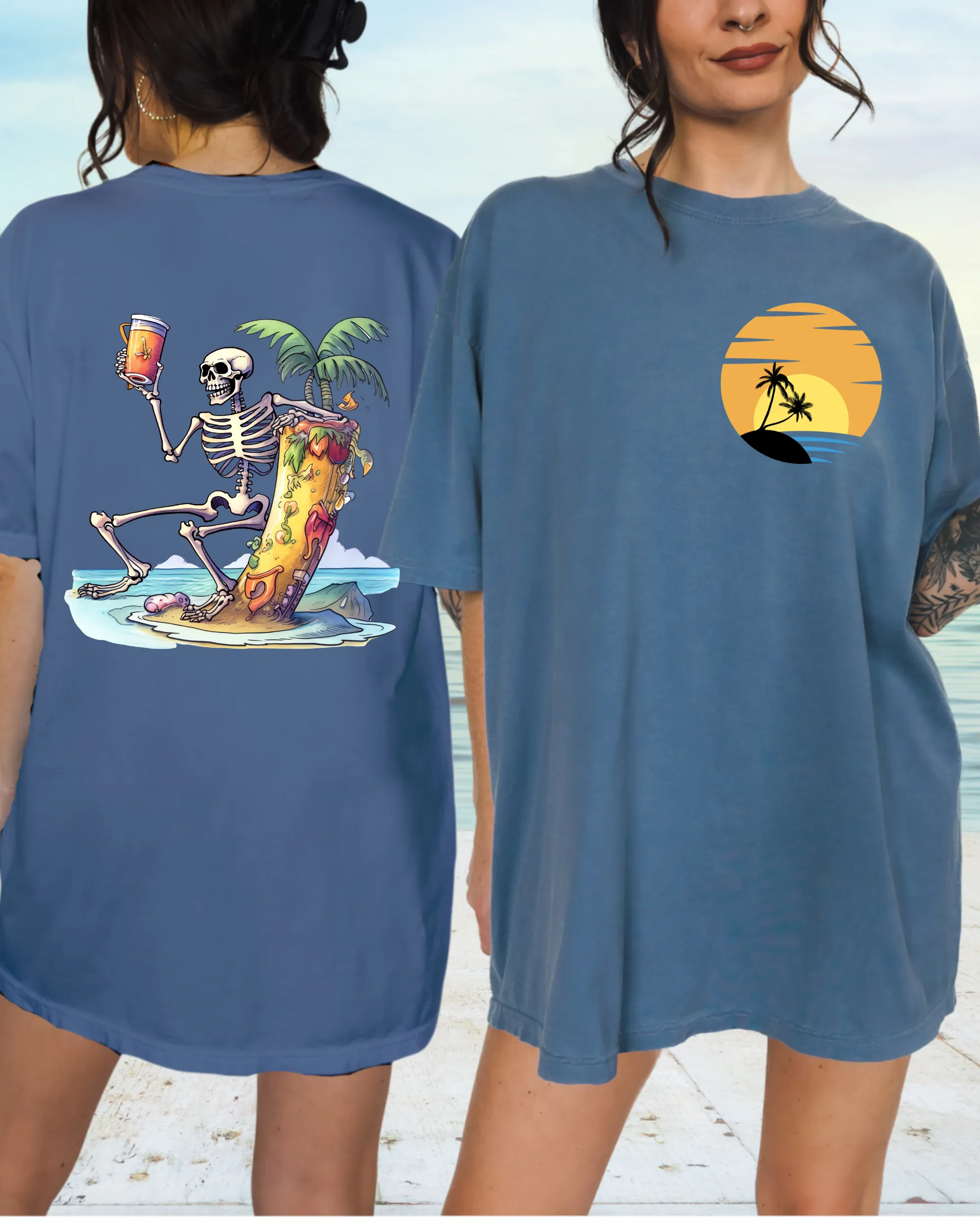 Summer Beach Comfort Colors® T-Shirt, Retro Summer T-Shirt Dress, 1970's Drinking Skeleton, Front, Back Design