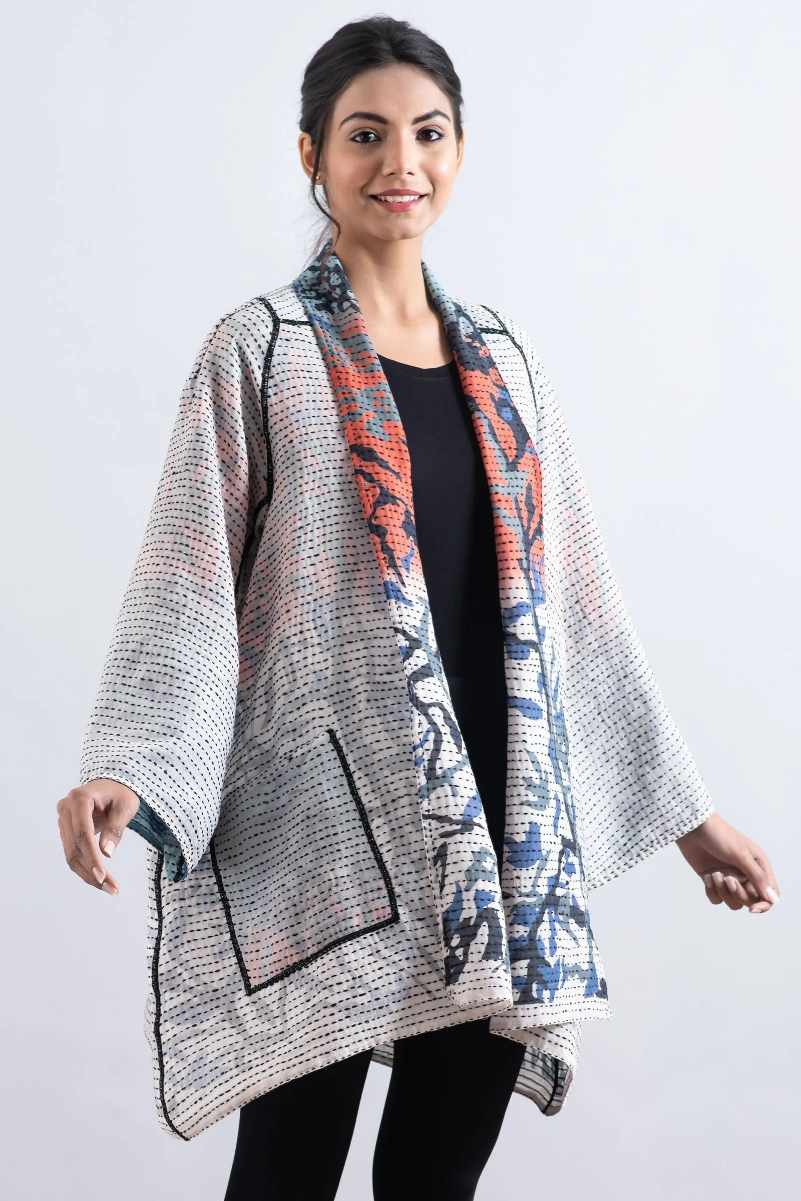 SUMMER BREEZE PRINT KANTHA A-LINE JKT - sz2003-blu -