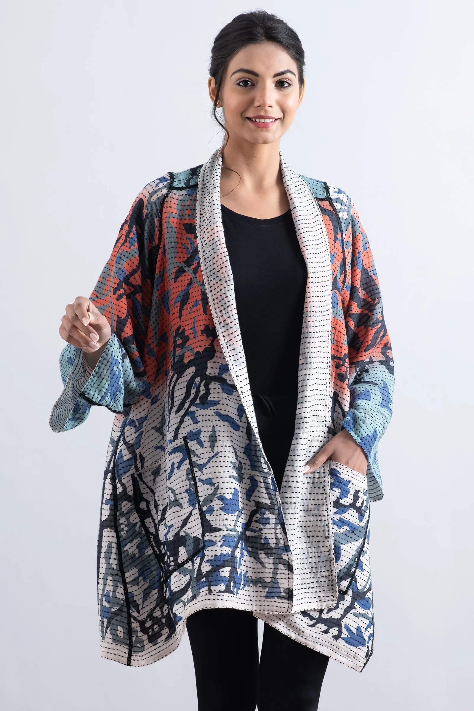 SUMMER BREEZE PRINT KANTHA A-LINE JKT - sz2003-blu -