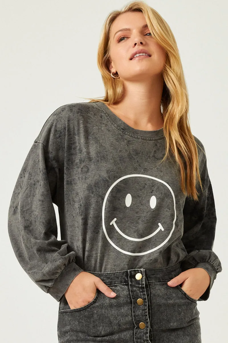 Sunni Misses Smiley Face Black Wash Shirt S-L