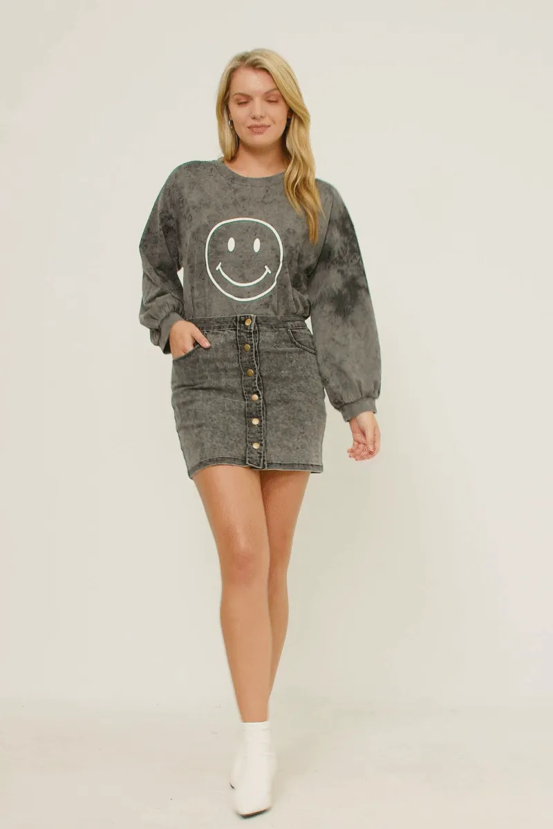 Sunni Misses Smiley Face Black Wash Shirt S-L