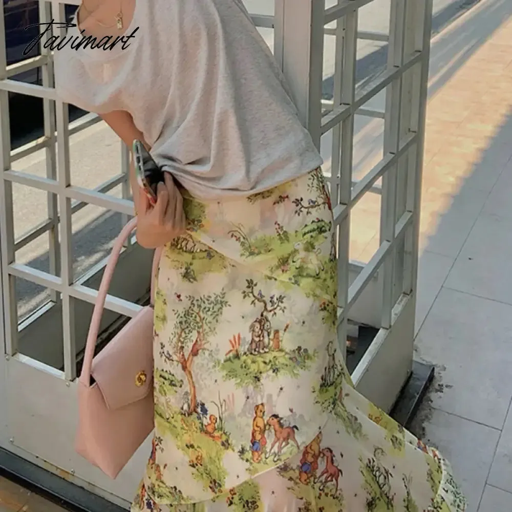 TAVIMART  Japanese Cartoon Printing Cute Mesh Mid-length Skirt Women Summer New High Waist All Match Casual Pleated A-line Skirt