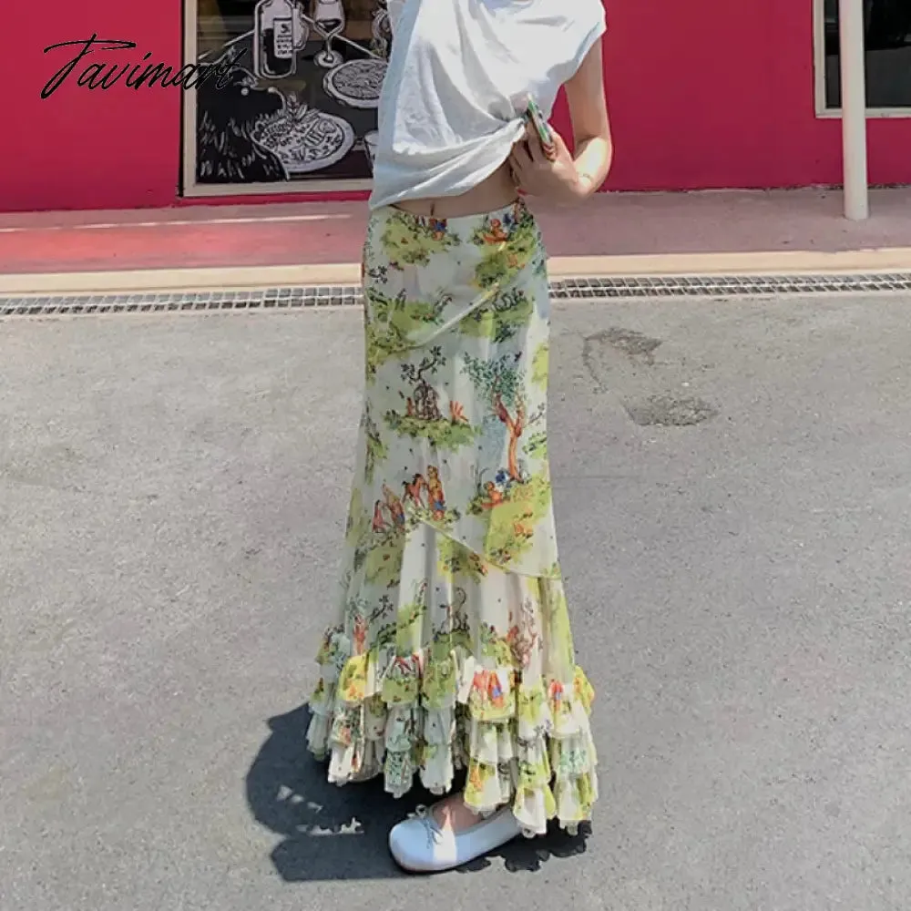 TAVIMART  Japanese Cartoon Printing Cute Mesh Mid-length Skirt Women Summer New High Waist All Match Casual Pleated A-line Skirt