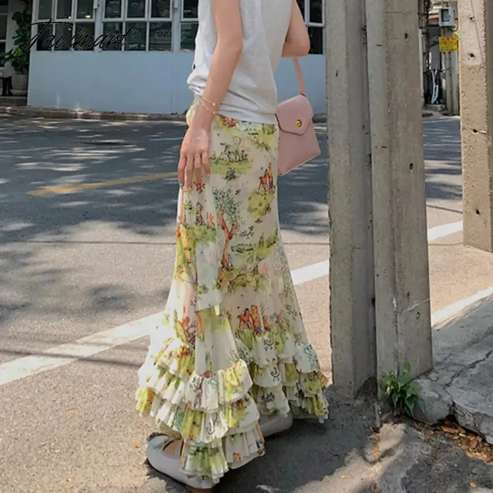 TAVIMART  Japanese Cartoon Printing Cute Mesh Mid-length Skirt Women Summer New High Waist All Match Casual Pleated A-line Skirt